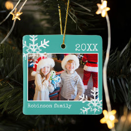 Blauwgroen foto Rand White Snowflakes Holiday Keramisch Ornament