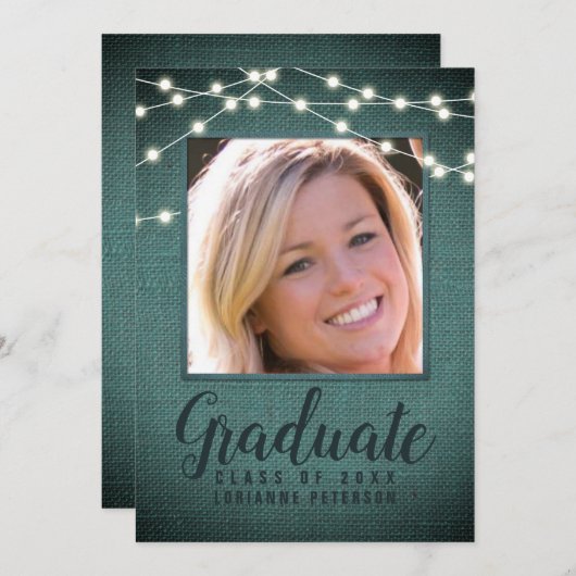 Blauwgroen foto Rustige Afstuderen String Lights Aankondiging (Voorkant / Achterkant)