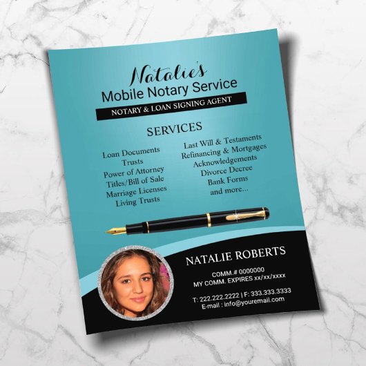 Blauwgroen foto van de Notarische Ondertekenaar va Flyer