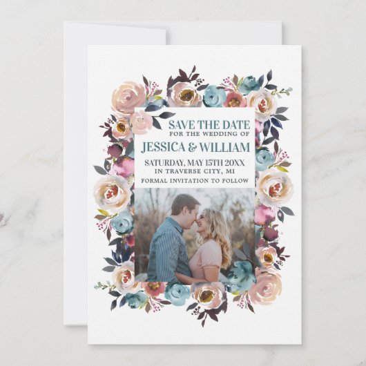 Blauwgroen foto van mooie blooms Floral Spring Pas Save The Date (Voorkant)