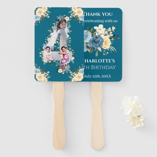 Blauwgroen fotocollage 4e verjaardag Blauwe Gele B Handwaaier (Voorkant en achterkant)