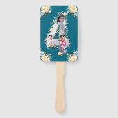 Blauwgroen fotocollage 4e verjaardag Blauwe Gele B Handwaaier (Voorkant)