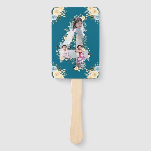 Blauwgroen fotocollage 4e verjaardag Blauwe Gele B Handwaaier (Voorkant)