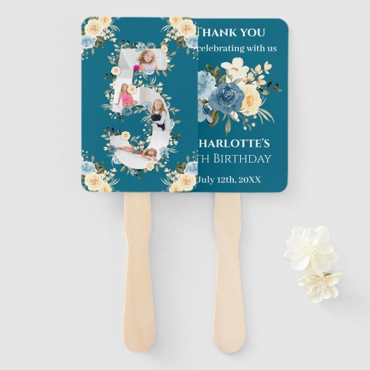 Blauwgroen fotocollage 5th Birthday Blue Yellow Fl Handwaaier (Voorkant en achterkant)