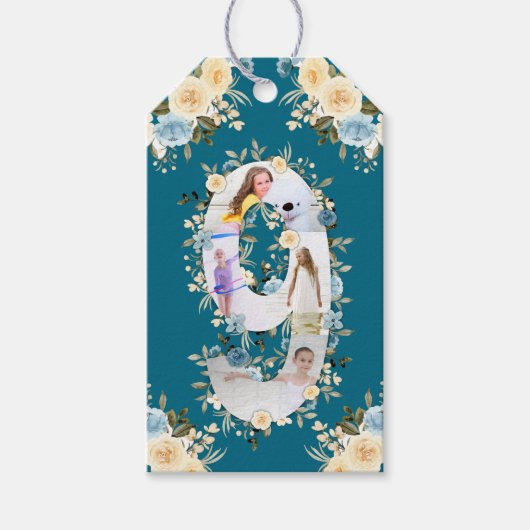 Blauwgroen fotocollage 9th Birthday Blue Yellow Fl Cadeaulabel (Voorkant)