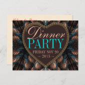 Blauwgroen Fractal Feathers Dinner Party Invitatio Uitnodiging Briefkaart (Voorkant / Achterkant)