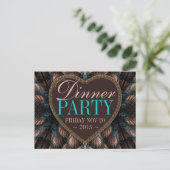 Blauwgroen Fractal Feathers Dinner Party Invitatio Uitnodiging Briefkaart (Staand voorkant)