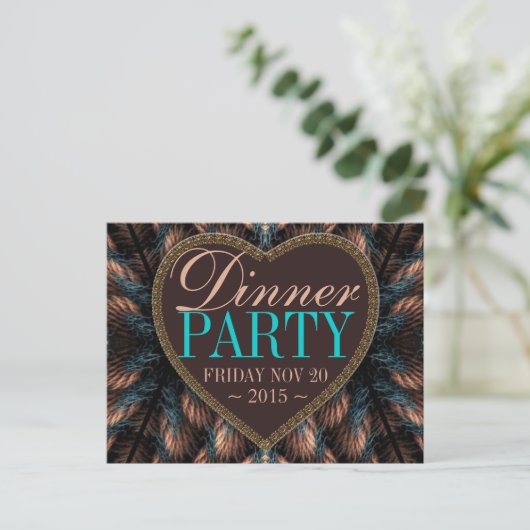 Blauwgroen Fractal Feathers Dinner Party Invitatio Uitnodiging Briefkaart (Staand voorkant)