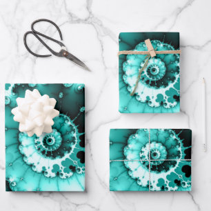 Blauwgroen fractale spiraal inpakpapier vel
