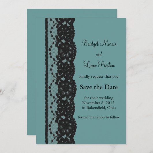 Blauwgroen Franse kant Opslaan datum Save The Date (Voorkant / Achterkant)