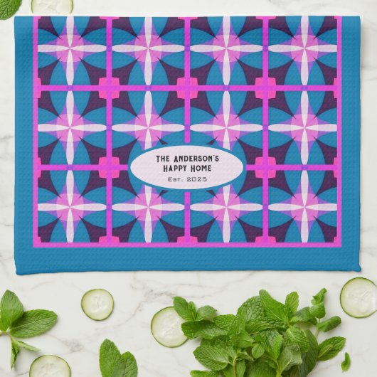 Blauwgroen Fuchsia Aubergine geometrisch patroon Theedoek (Gevouwen)