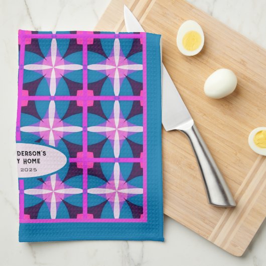  Blauwgroen Fuchsia Aubergine geometrisch patroon Theedoek (Quarter Fold)