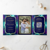 Blauwgroen Galaxy Blue Mandala QR-code Indiaas huw Drieluik Uitnodiging (Binnen)