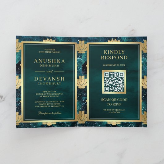 Blauwgroen Galaxy Gold Lotus QR Code Indiandig huw (Binnen)