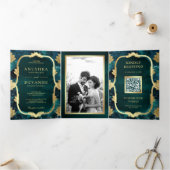 Blauwgroen Galaxy Gold Lotus QR Code Indiandig huw Drieluik Uitnodiging (Binnen)