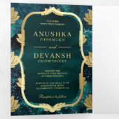 Blauwgroen Galaxy Gold Lotus QR Code Indiandig huw Drieluik Uitnodiging (Binnenzijde eerst)