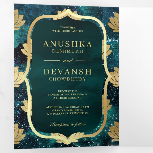 Blauwgroen Galaxy Gold Lotus QR Code Indiandig huw Drieluik Uitnodiging (Binnenzijde eerst)