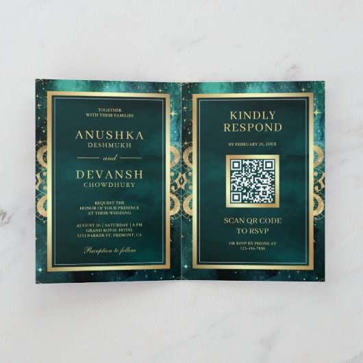 Blauwgroen Galaxy Gold Mandala QR-code Indiaas huw (Binnen)