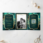 Blauwgroen Galaxy Gold Mandala QR-code Indiaas huw Drieluik Uitnodiging (Binnen)