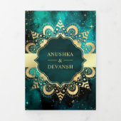 Blauwgroen Galaxy Gold Mandala QR-code Indiaas huw Drieluik Uitnodiging (Cover)