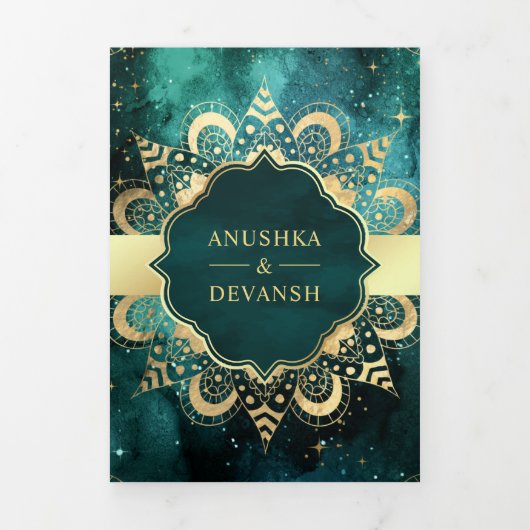 Blauwgroen Galaxy Gold Mandala QR-code Indiaas huw Drieluik Uitnodiging (Cover)