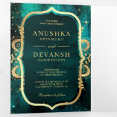 Blauwgroen Galaxy Gold Mandala QR-code Indiaas huw Drieluik Uitnodiging (Binnenzijde eerst)