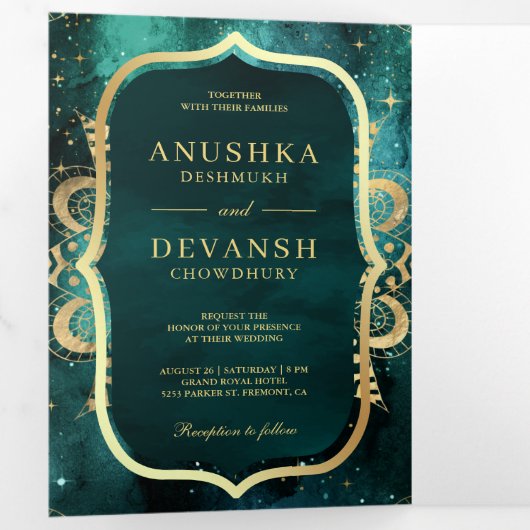 Blauwgroen Galaxy Gold Mandala QR-code Indiaas huw Drieluik Uitnodiging (Binnenzijde eerst)