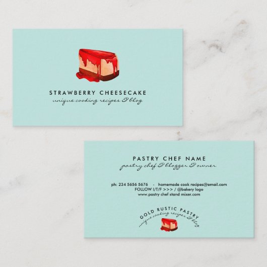 Blauwgroen gebak Cheesecake-aardbei Visitekaartje (Voorkant / Achterkant)