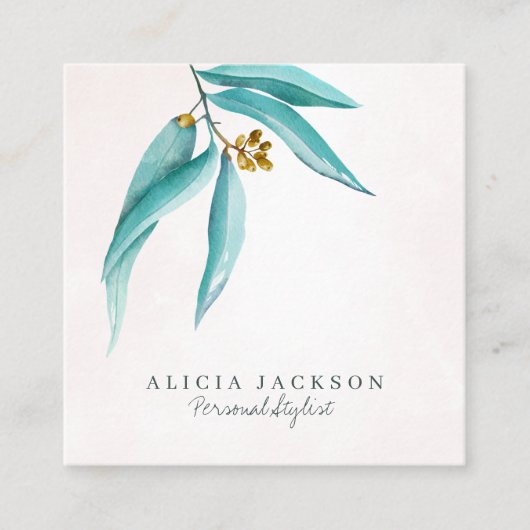 Blauwgroen gebladerte waterverf modern persoonlijk vierkante visitekaartje (Voorkant)