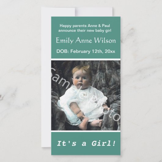 blauwgroen geboorteaankondiging baby. voeg je foto aankondiging (Voorkant)