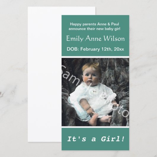 blauwgroen geboorteaankondiging baby. voeg je foto aankondiging (Voorkant / Achterkant)