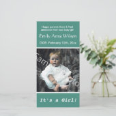 blauwgroen geboorteaankondiging baby. voeg je foto aankondiging (Staand voorkant)