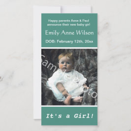 blauwgroen geboorteaankondiging baby. voeg je foto aankondiging