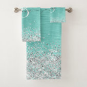 Blauwgroen geborsteld metaal Silver Glitter Monogr Bad Handdoek (Insitu)
