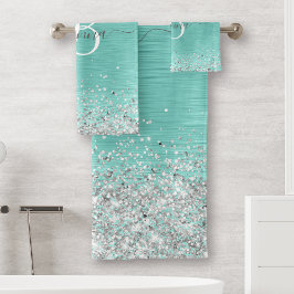 Blauwgroen geborsteld metaal Silver Glitter Monogr Bad Handdoek