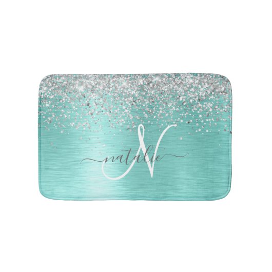 Blauwgroen geborsteld metaal Silver Glitter Monogr Badmat (Voorkant)