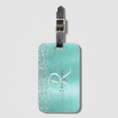 Blauwgroen geborsteld metaal Silver Glitter Monogr Bagagelabel (Voorkant (verticaal))
