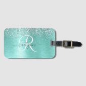 Blauwgroen geborsteld metaal Silver Glitter Monogr Bagagelabel (Voorkant (horizontaal))