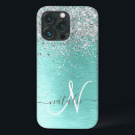 Blauwgroen geborsteld metaal Silver Glitter Monogr Case-Mate iPhone Case<br><div class="desc">Pas dit trendy chassis voor telefoongesprekken eenvoudig aan met  zilveren mousserend glitter op een blauwgroen geborstelde metalen achtergrond.</div>