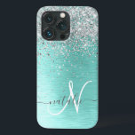 Blauwgroen geborsteld metaal Silver Glitter Monogr Case-Mate iPhone Case<br><div class="desc">Pas dit trendy chassis voor telefoongesprekken eenvoudig aan met  zilveren mousserend glitter op een blauwgroen geborstelde metalen achtergrond.</div>