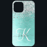Blauwgroen geborsteld metaal Silver Glitter Monogr Case-Mate iPhone Case<br><div class="desc">Pas dit trendy chassis voor telefoongesprekken eenvoudig aan met  zilveren mousserend glitter op een blauwgroen geborstelde metalen achtergrond.</div>
