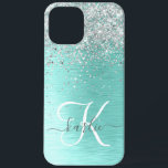 Blauwgroen geborsteld metaal Silver Glitter Monogr Case-Mate iPhone Case<br><div class="desc">Pas dit trendy chassis voor telefoongesprekken eenvoudig aan met  zilveren mousserend glitter op een blauwgroen geborstelde metalen achtergrond.</div>