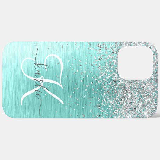 Blauwgroen geborsteld metaal Silver Glitter Monogr Case-Mate iPhone Case (Achterkant (horizontaal))
