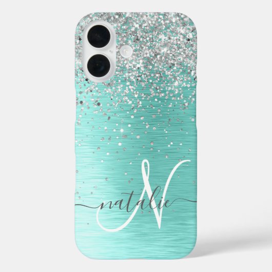 Blauwgroen geborsteld metaal Silver Glitter Monogr Case-Mate iPhone Case (Achterkant)