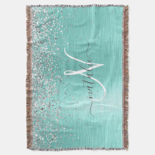 Blauwgroen geborsteld metaal Silver Glitter Monogr Deken (Voorkant Verticaal)