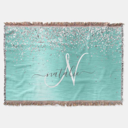 Blauwgroen geborsteld metaal Silver Glitter Monogr Deken (Voorkant)