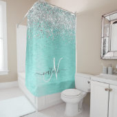 Blauwgroen geborsteld metaal Silver Glitter Monogr Douchegordijn (In situ)