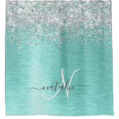 Blauwgroen geborsteld metaal Silver Glitter Monogr Douchegordijn (Voorkant)