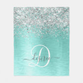 Blauwgroen geborsteld metaal Silver Glitter Monogr Fleece Deken (Voorkant)