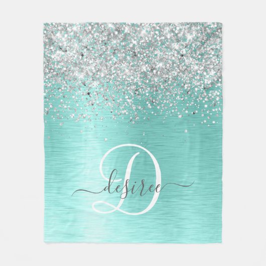 Blauwgroen geborsteld metaal Silver Glitter Monogr Fleece Deken (Voorkant)